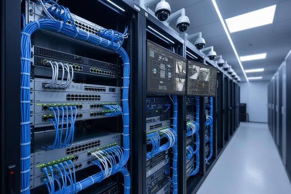 Network cabinet with switches and CCTV monitors