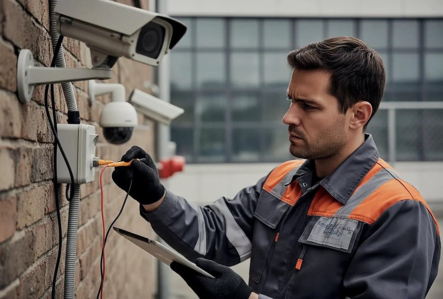 Engineer testing and repairing CCTV cameras on a brick wall