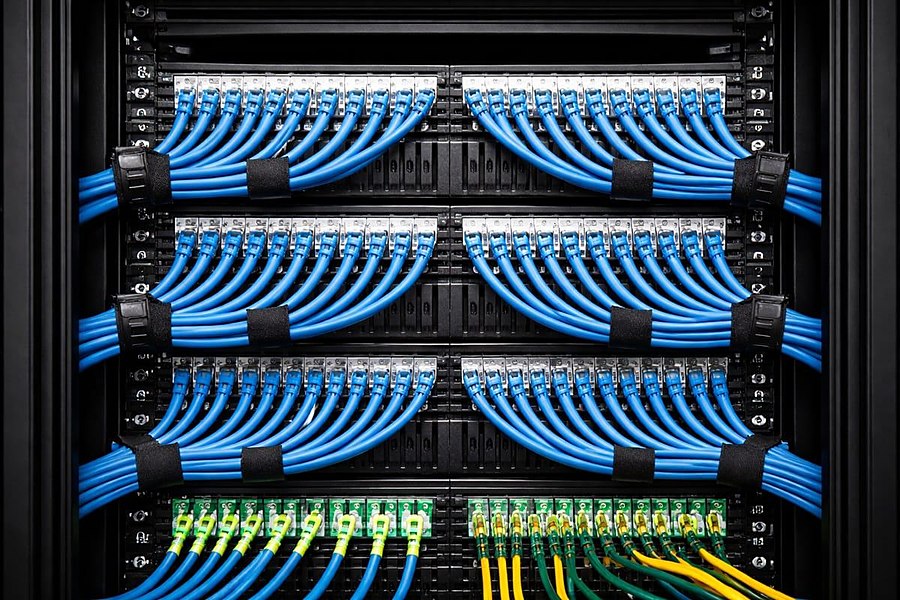 Blue Cat6 network cables neatly dressed in a patch panel rack